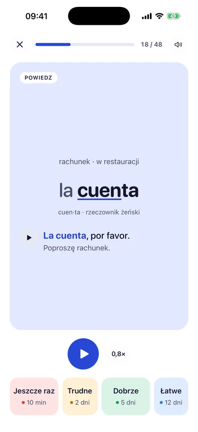 A Say card: la cuenta, the bill, with an example sentence and the next review time under each rating